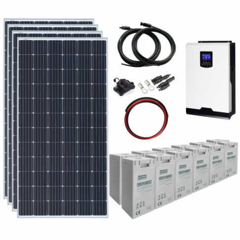 1.4kw 24v complete off-grid solar power system with 4 x 360w solar panels, 3kw hybrid inverter and a 7.2kwh battery bank