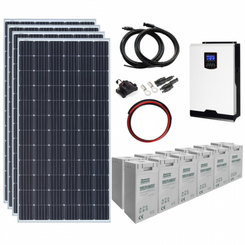 1.4kw 24v complete off-grid solar power system with 4 x 360w solar panels, 3kw hybrid inverter and a 7.2kwh battery bank