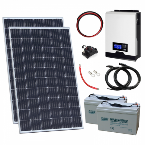 600W 24V Complete Off-grid Solar Power System With 2 X 300W Solar Panels, 2Kw Hybrid Inverter And 2 X 100Ah Batteries