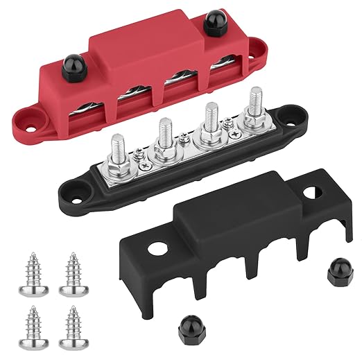 12 V - 48 V Bus Bar Power Distribution Block with 4 x M8 Terminal Studs, High Performance Module BUSBAR