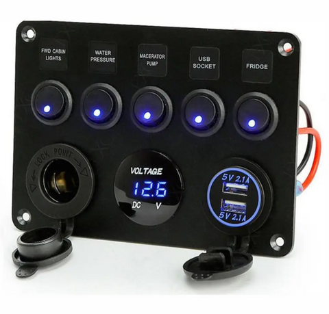 12V Switch Panel with Dual USB Charger Socket LED Digital Voltmeter Inline Fuse Box andCigarette Lighter