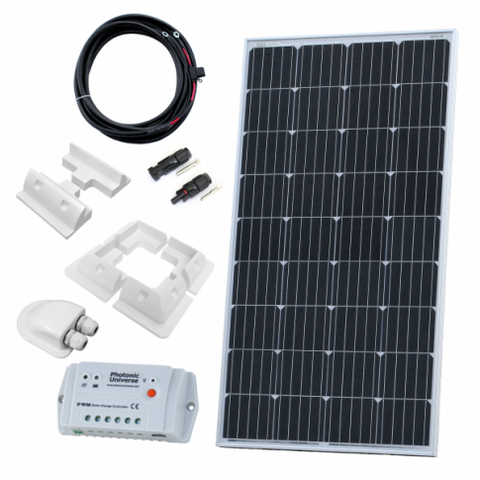 150W 12V Solar Charging Kit (German Solar Cells) With 10A Controller, Mounting Brackets And Cables
