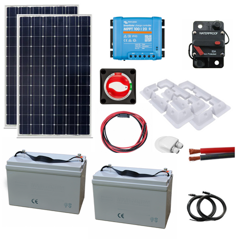 350W Mono Solar panel kit with SmartSolar MPPT, AGM Batteries & Accessories