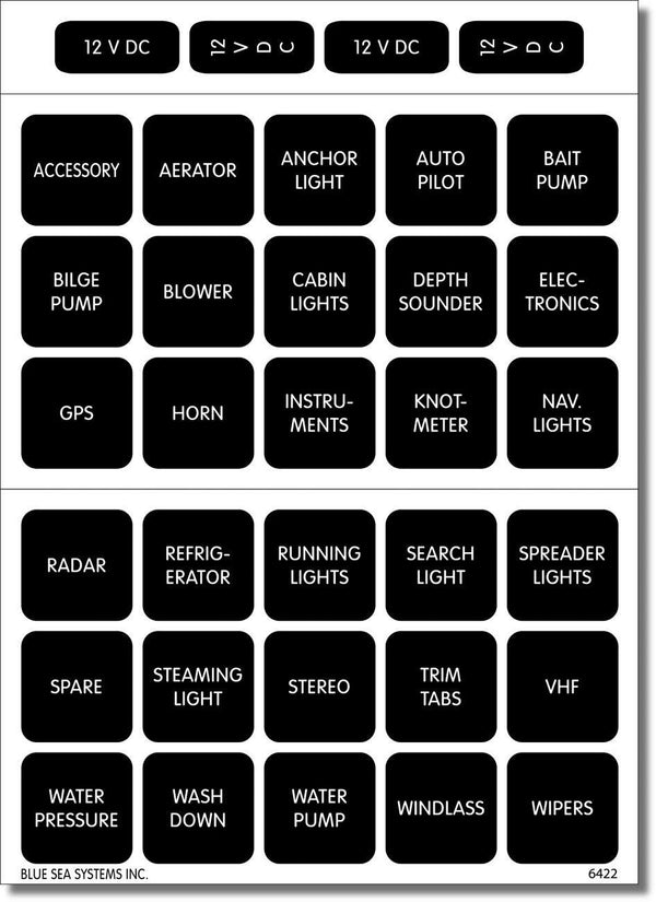 Blue Sea  4215 Label Kit DC H2O 30 Square Black V1