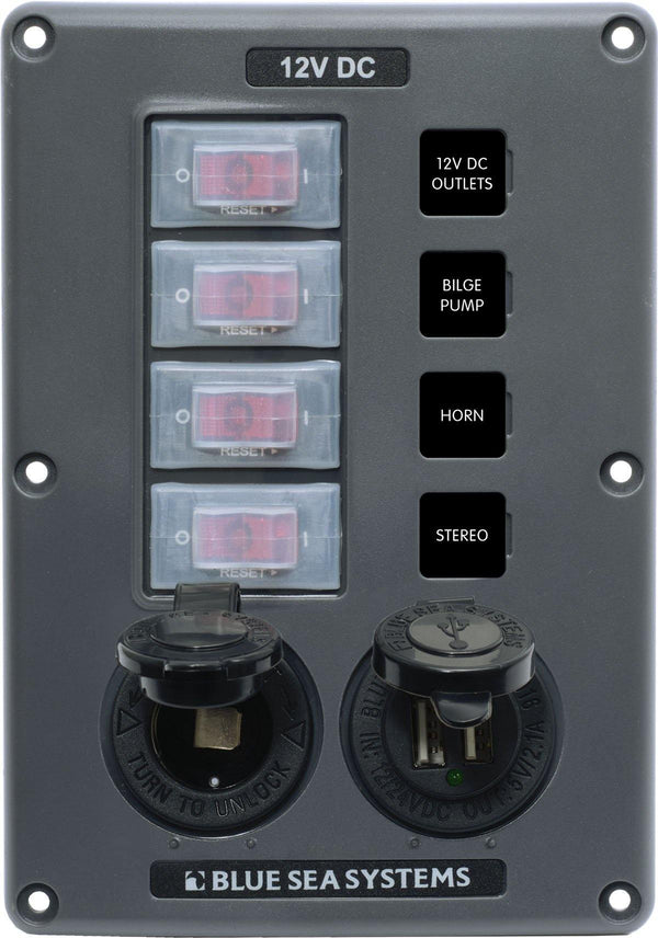 Blue Sea  4321 Panel Switch H2O CB 4pos Socket & USB Grey (replaces 4321B-BSS)