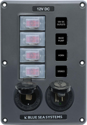 Blue Sea  4321 Panel Switch H2O CB 4pos Socket & USB Grey (replaces 4321B-BSS)