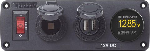 Blue Sea  4356 Panel BelowDeck 12VDC Socket, USB & Voltmeter (replaces 4356B-BSS)