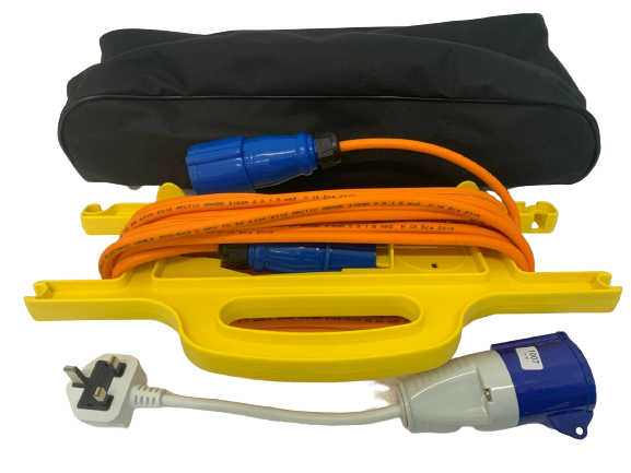 15M Caravan Camping Hook up Cable with Mains / Fly Adapter, Cable Keeper and Bag