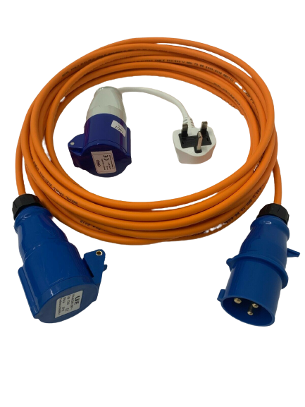 15M Caravan Camping Hook up Cable with Mains / Fly Adapter in Arctic Grade